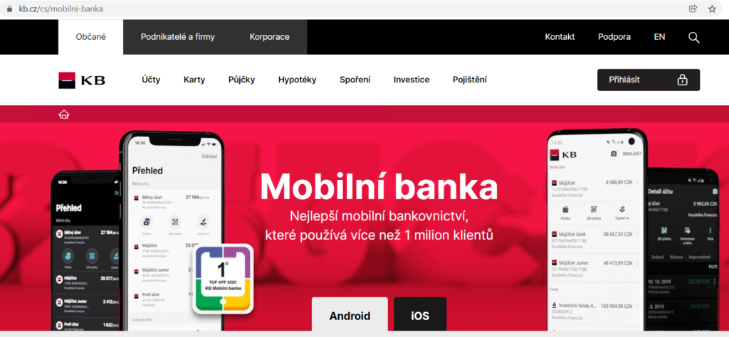 Komerční banka zmiňuje TOP App Award na své web stránce