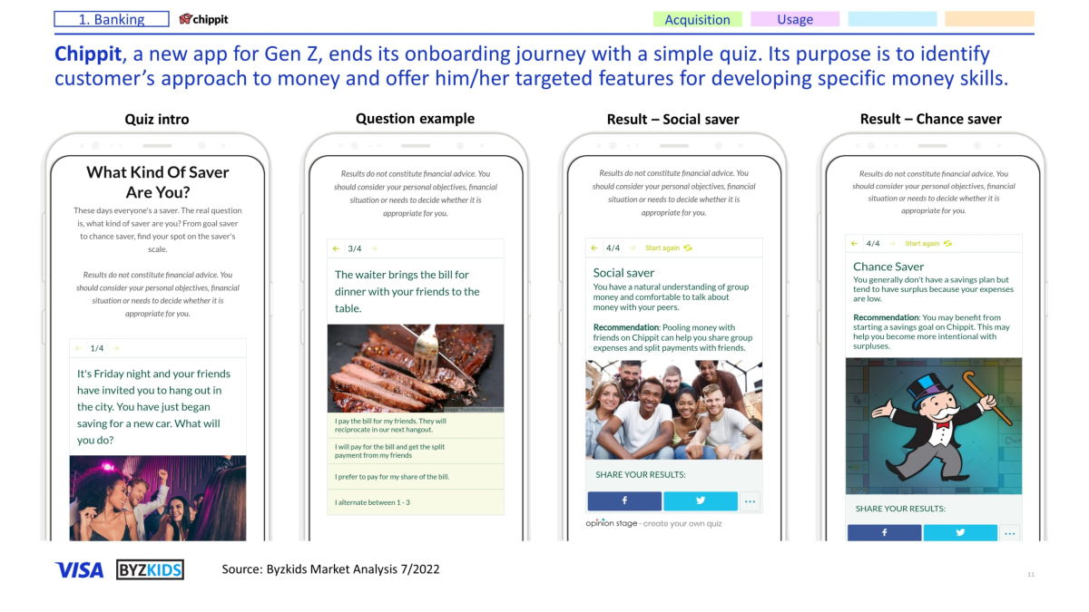 Chippit, a new app for Gen Z, ends its onboarding journey with a simple quiz. Its purpose is to identify customer’s approach to money and offer him/her targeted features for developing specific money skills.
