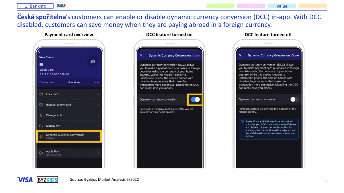 Česká spořitelna’s customers can enable or disable dynamic currency conversion (DCC) in-app. With DCC disabled, customers can save money when they are paying in a foreign currency.