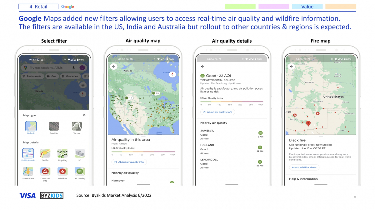 Google Maps added new filters allowing users to access real-time air quality and wildfire information. The filters are currently available in the US, India and Australia but rollout to other countries & regions is expected.