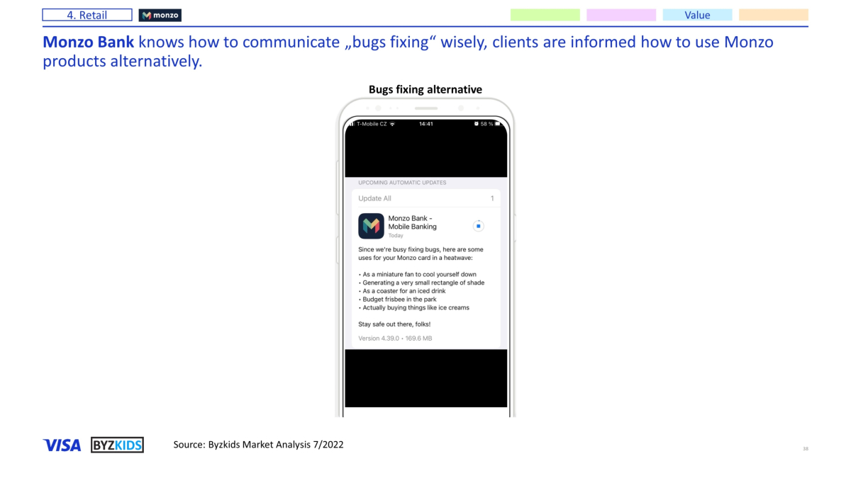 Monzo Bank knows how to communicate „bugs fixing“ wisely, clients are informed how to use Monzo products alternatively.
